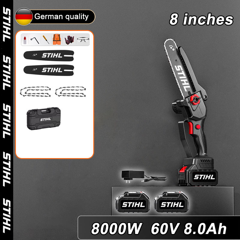 Afișaj LED de putere - (baterie de 10 ore) Ferăstrău cu litiu fără carbon de 8 inchi 8000 W + baterie 60 V 8,0 Ah*2 + încărcător + placă de ghidare*2 + lanț*2 + cutie de scule + lubrifiant + protecție pentru ochelari, 10 ani garanție