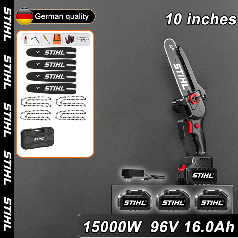 Afișaj LED Power - (36 ore de viață a bateriei) Ferăstrău cu litiu fără carbon de 10 inchi 15000 W + baterie 96 V 16,0 Ah * 3 + încărcător + tijă de ghidare * 4 + lanț * 4 + cutie de scule + lubrifiant + ochelari, 10 ani garanție